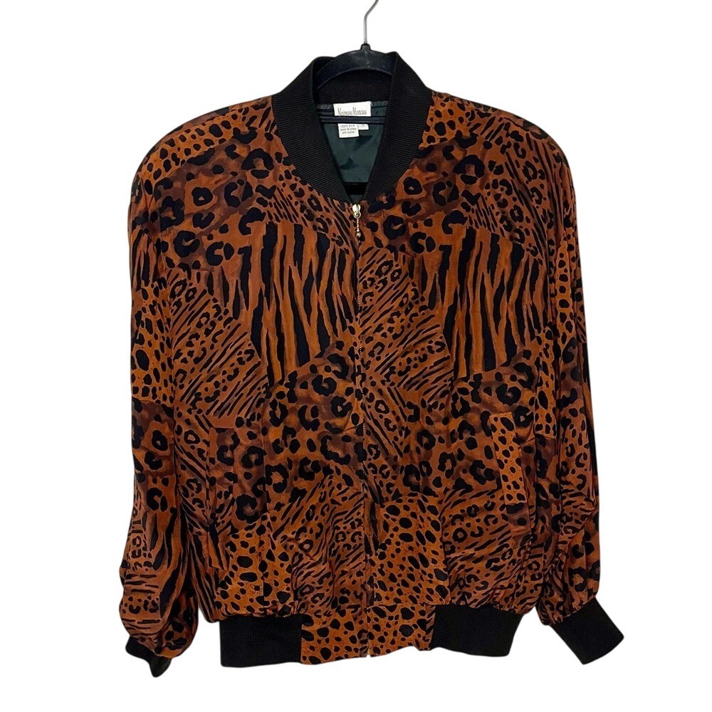 Neiman Marcus 100% Silk Animal Print Bomber Jacket Size Small Vintage Luxe - Picture 2 of 9